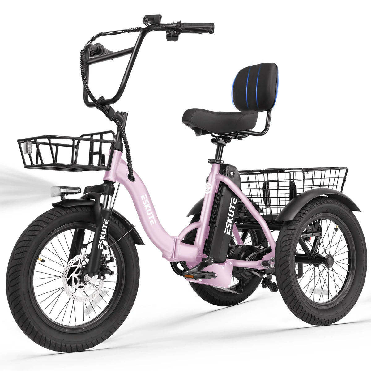 ESKUTE T300 E Trike Electric Bike, Peak 1200W Brushless Motor Folding Trike 18X3.0 Tire Ebike, 624Wh Removable Battery,