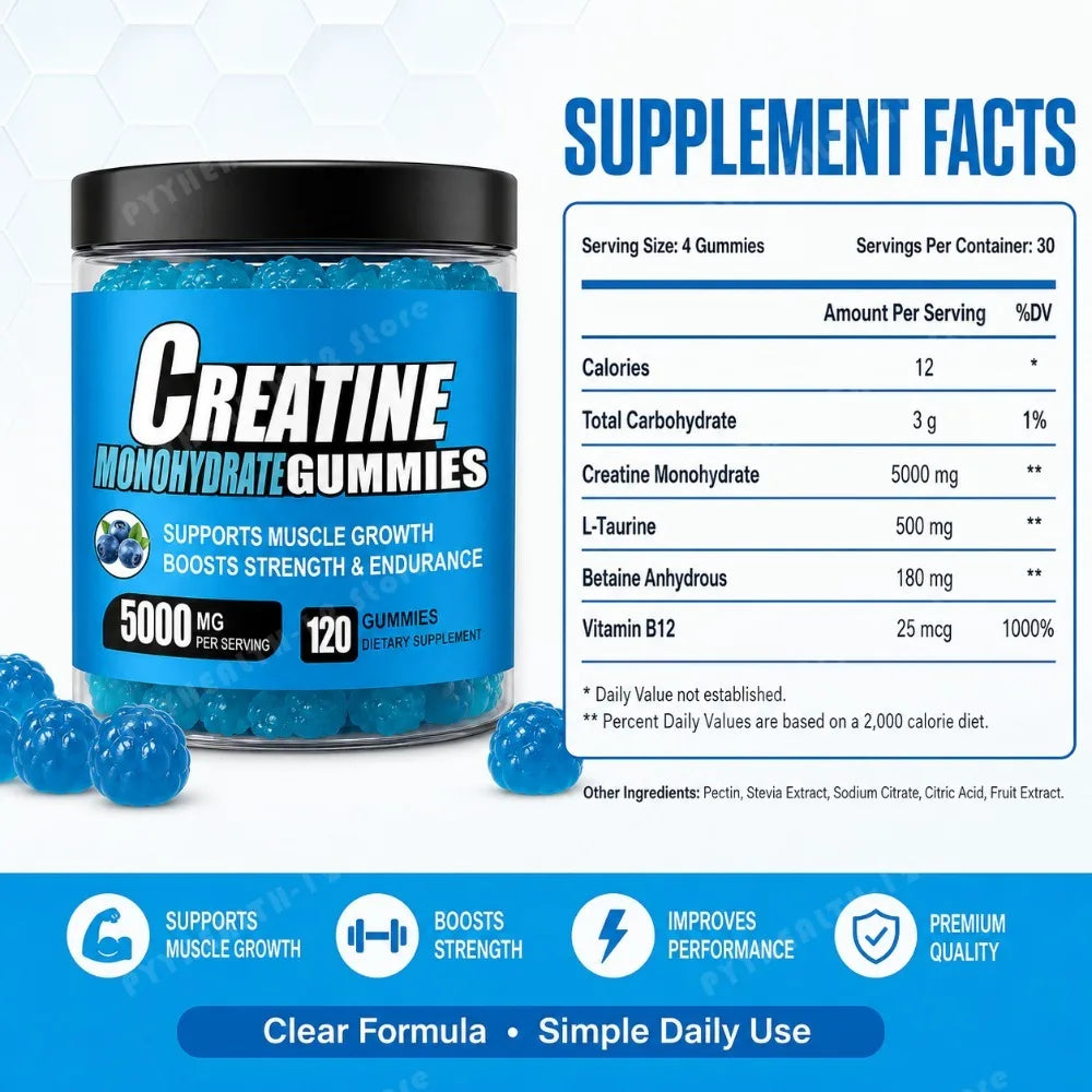 Creatine Monohydrate Gummies 5000mg Per Serving, 120 Gummies for Muscle Strength, Endurance & Energy, Dietary Supplement