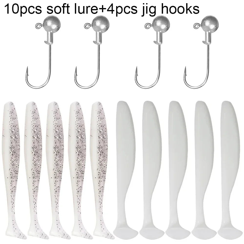 14PCS Gear Kit 10PCS Soft Lure 5.5cm 7cm 10cm T Tail Worm 4PCS Jigging Head Hook 3g 5g 10g Metal Jig Fishing Pesca Swimbait Bait