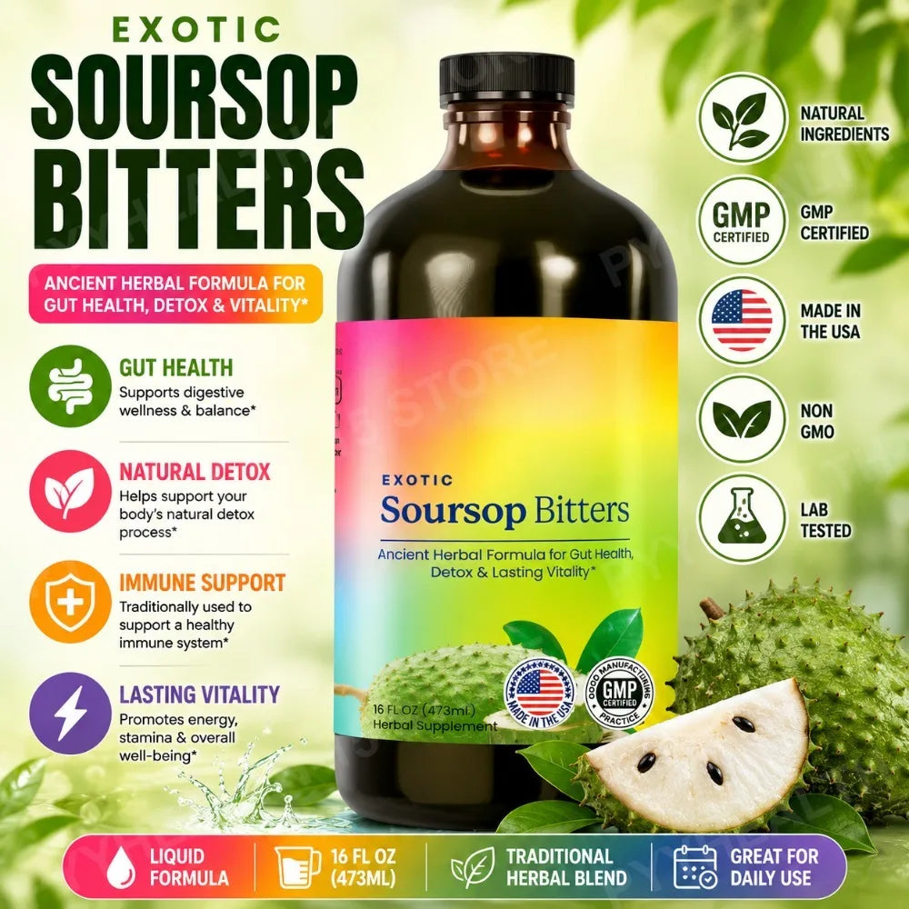 Soursop Bitters Liquid Supplement,Black Seed Moringa Irish Moss Drops for Gut Digestive Wellness Immune Support 473ml Bottle