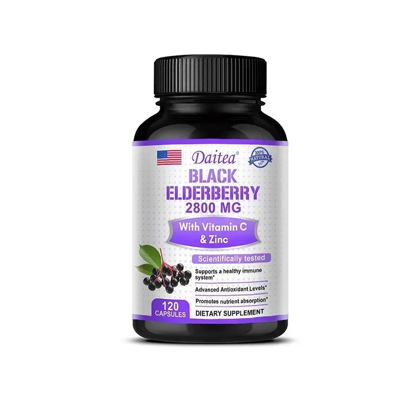 Black Elderberry Capsules 2000mg with Vitamin C, Milk Thistle, Antioxidants, Immune System Support, Energy Boost, Non-GMO