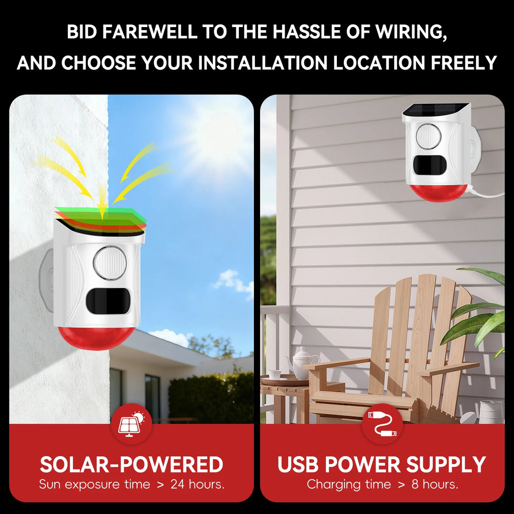 Solar Strobe Alarm Light with Motion Sensor Siren Outdoor Alarm Siren with Remote Controller 120db Sound Security Siren Light