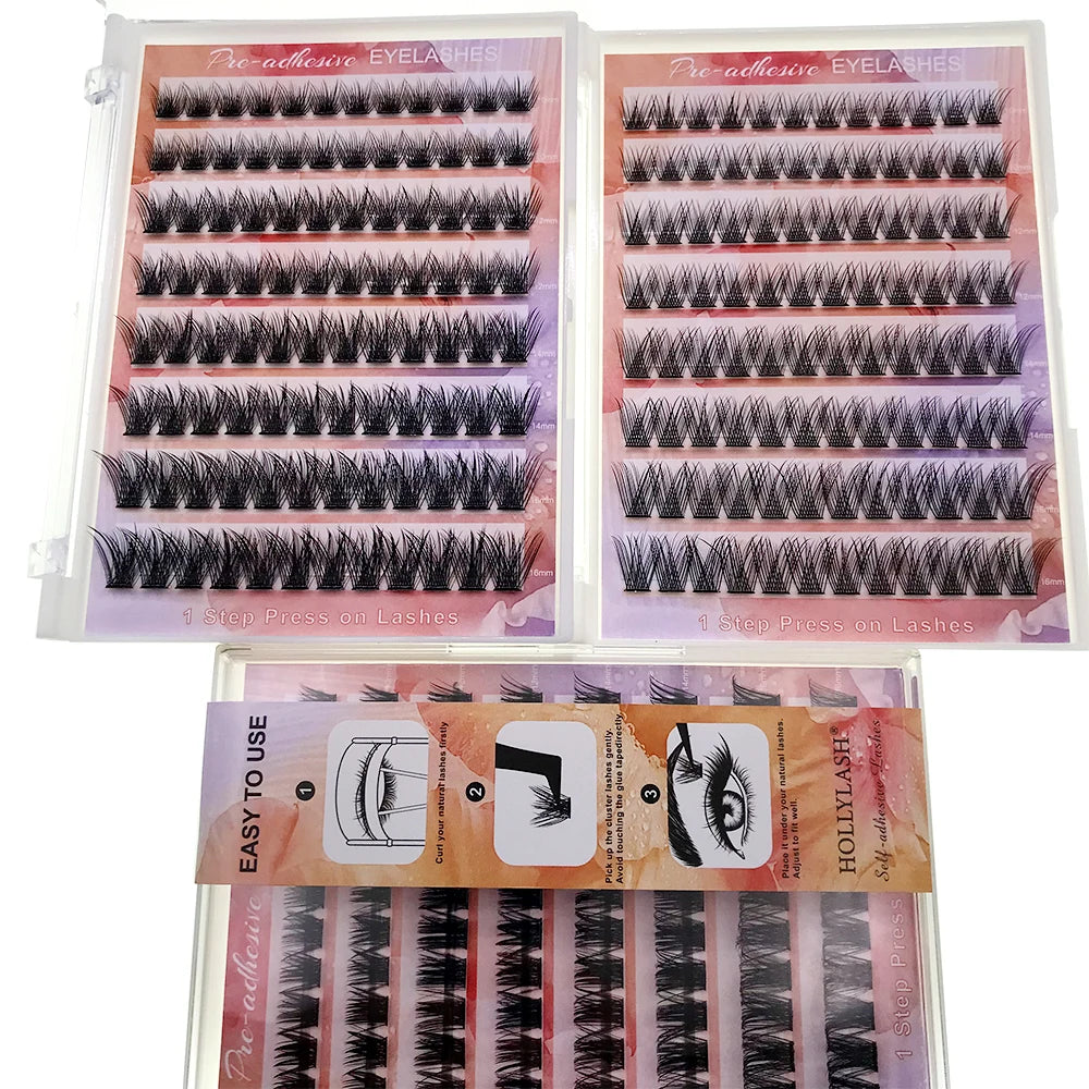 HOLLYLASH 96 Clusters DIY Self Adhesive Cluster Lashes Russian Volume False Eyelashes C Curl Natural Soft Individual Eyelashes