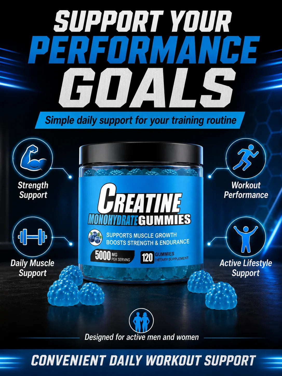 Creatine Monohydrate Gummies 5000mg Per Serving, 120 Gummies for Muscle Strength, Endurance & Energy, Dietary Supplement