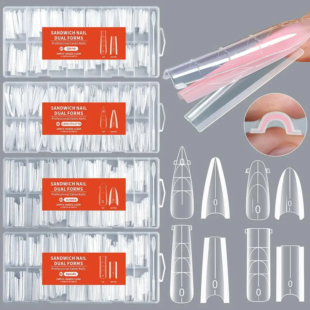256Pcs Full Cover Nail Extension Forms, Dual Form Nail Tips, Quick Gel Nail Building System