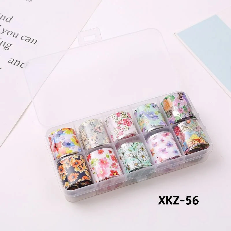 10 Rolls/ Box Charm Nail Foils Polish Stickers Metal Color Starry Paper Transfer Foil Wraps Adhesive Decals Nail Art Decorations