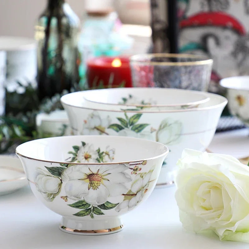 Bone China Dinnerware, Household Ceramic Rice Bowl, Deep Dishes, Soup Pots, Steak Flat Plate, Delicate Floral Tableware