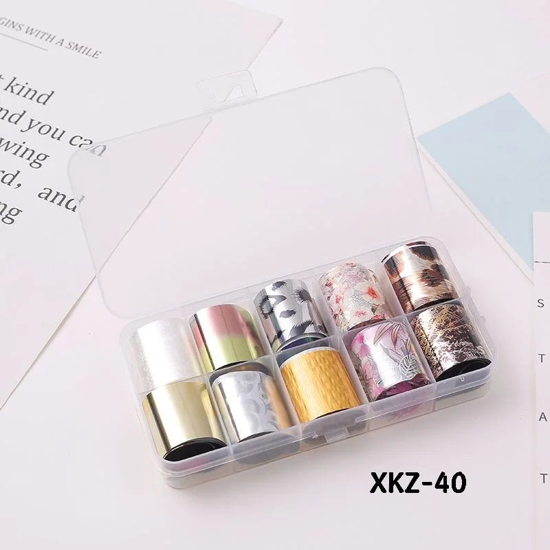 10 Rolls/ Box Charm Nail Foils Polish Stickers Metal Color Starry Paper Transfer Foil Wraps Adhesive Decals Nail Art Decorations
