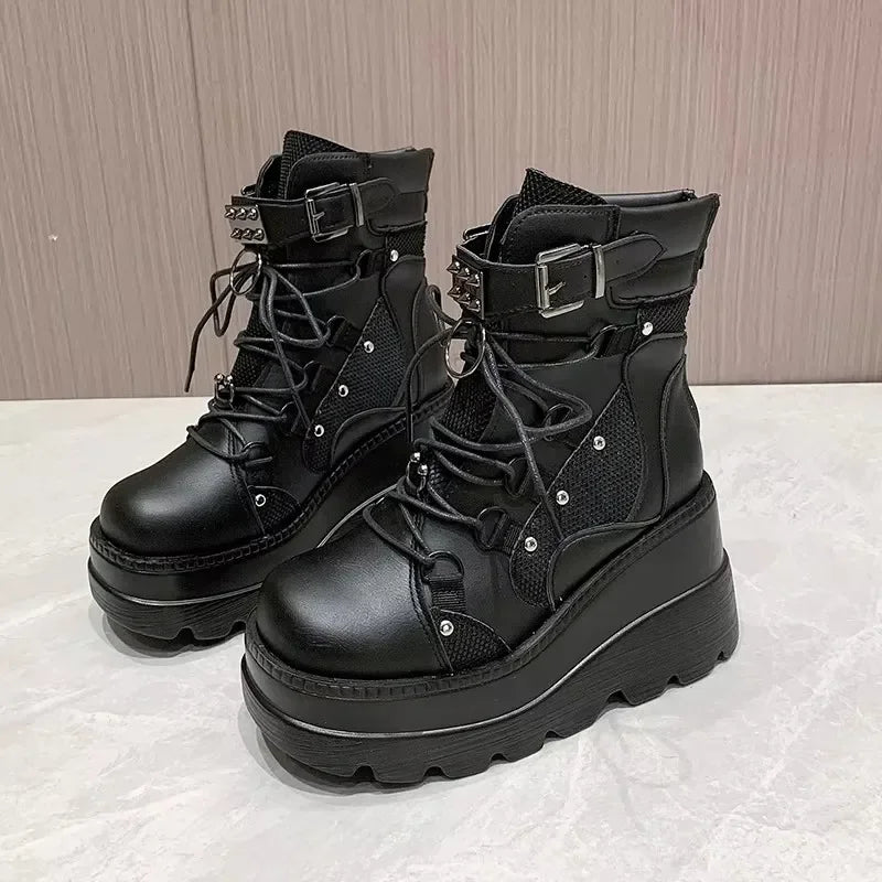 2025 New Design Women Punk Gothic Motorcycle Boots Platform Chunky High Heel Ankle Boot Ladies Cool Wedge Black Female Shoes