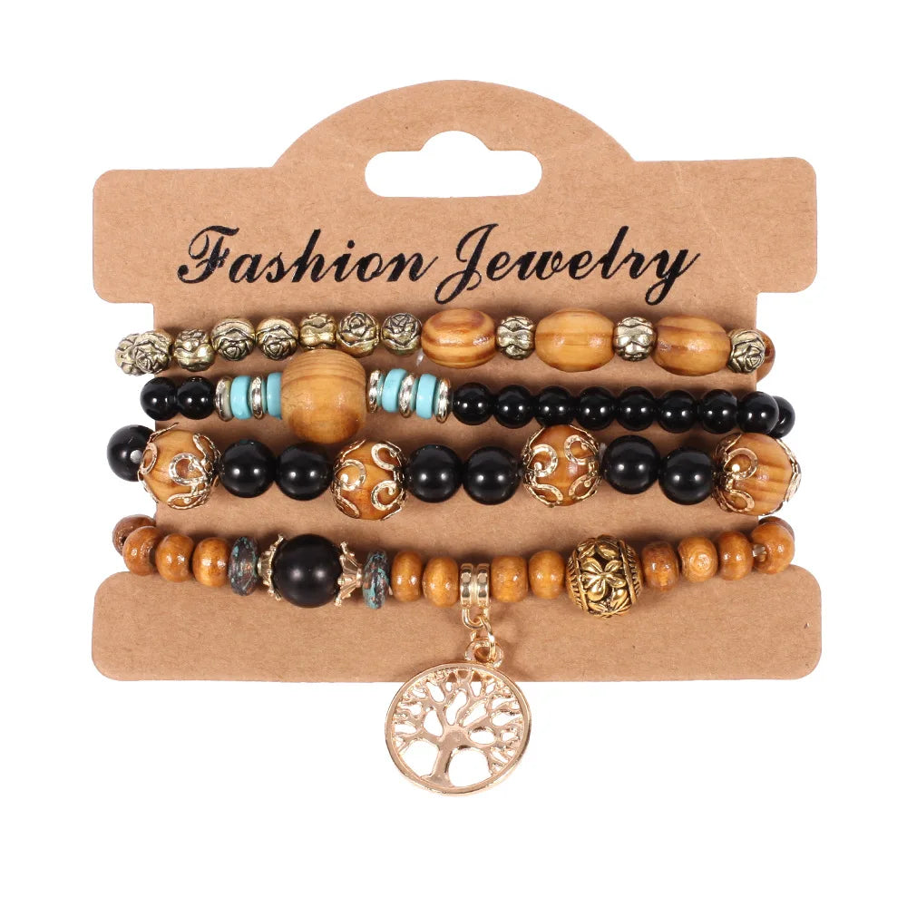 4Pcs/set Bohemia Wood Beads Chain Bracelet Set For Women Tree Of Life Charm Rose Flower Handmade Bangle Girls Boho Jewelry