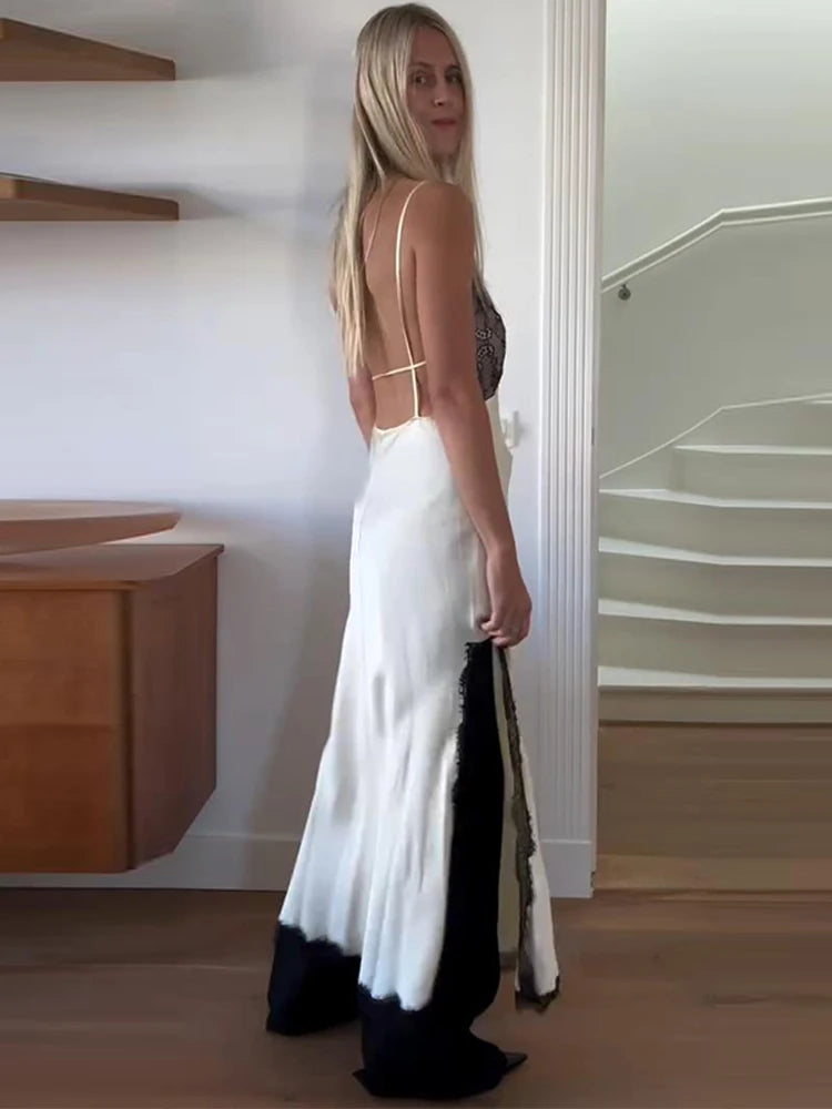 Vintage Lace Spliced Dress Women V-neck Sleeveless Backless High Waist Long Dresses 2026 Spring Elegant Street Lady Maxi Robe
