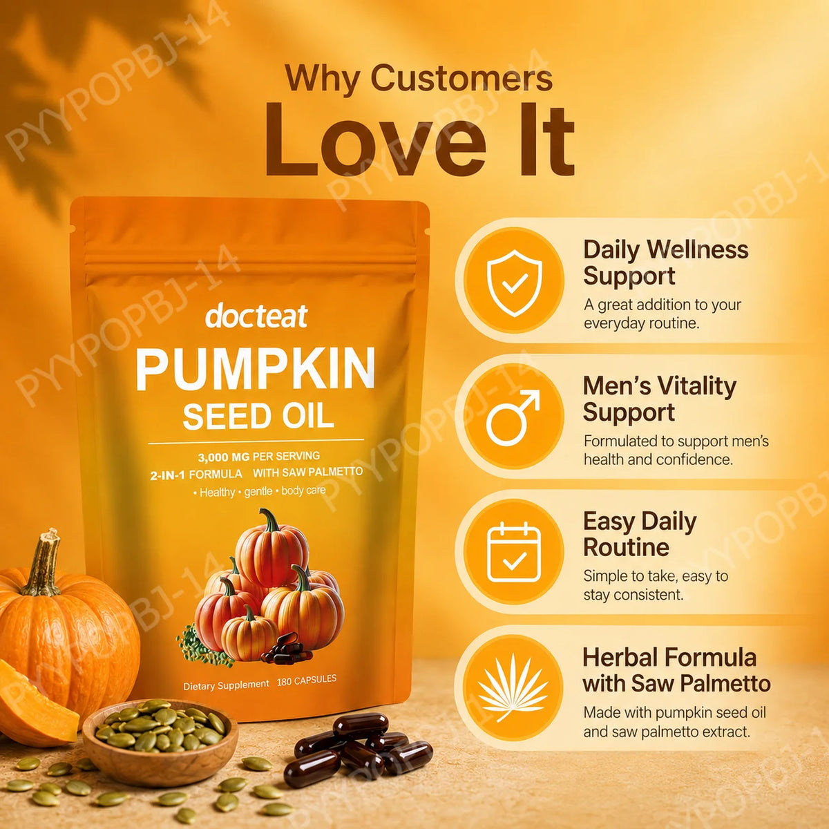 Docteat Pumpkin Seed Oil with Saw Palmetto Capsules 2-in-1 Formula for Prostate and Bladder Function Support, 180 Capsules
