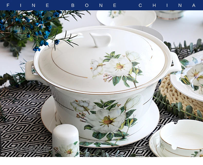 Bone China Dinnerware, Household Ceramic Rice Bowl, Deep Dishes, Soup Pots, Steak Flat Plate, Delicate Floral Tableware