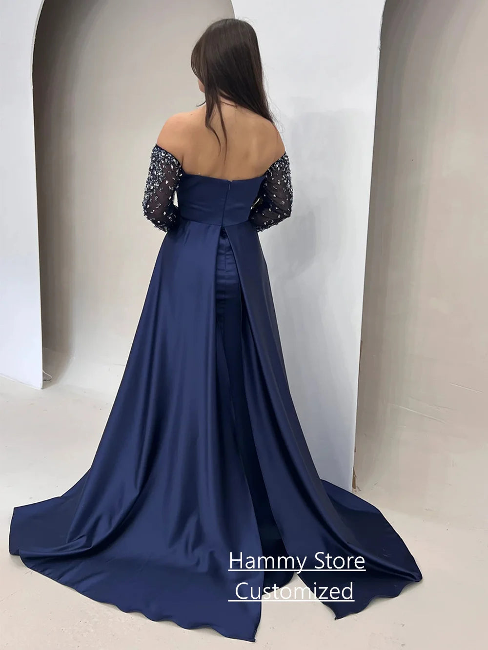 Navy Mermaid Prom Dress with Train Customized Sweetheart Full Sleeves Pleat Beading Sequined Evening Gown Party Dresses