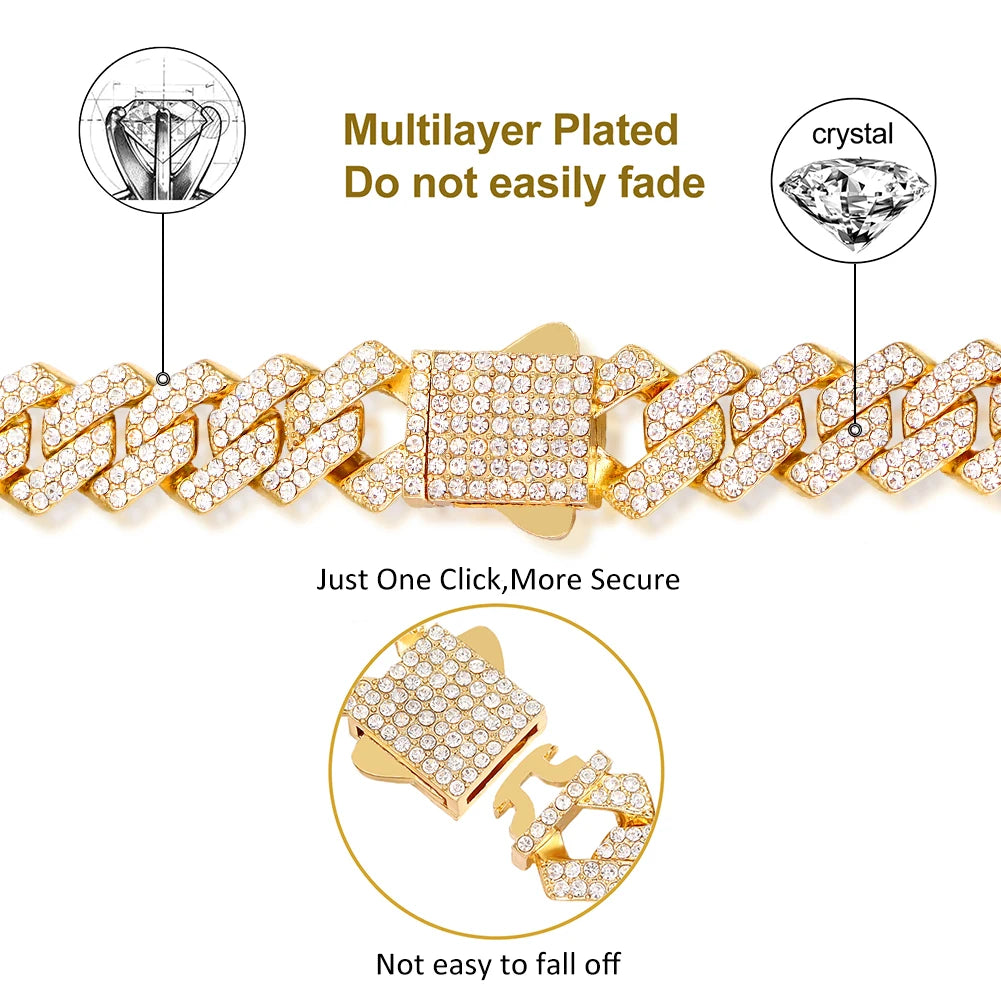 Iced Out Cuban Link Chain 14MM Prong Rhombus Diamond Cuban Chain Hip Hop Choker Necklaces Women Men Jewelry Wholesale