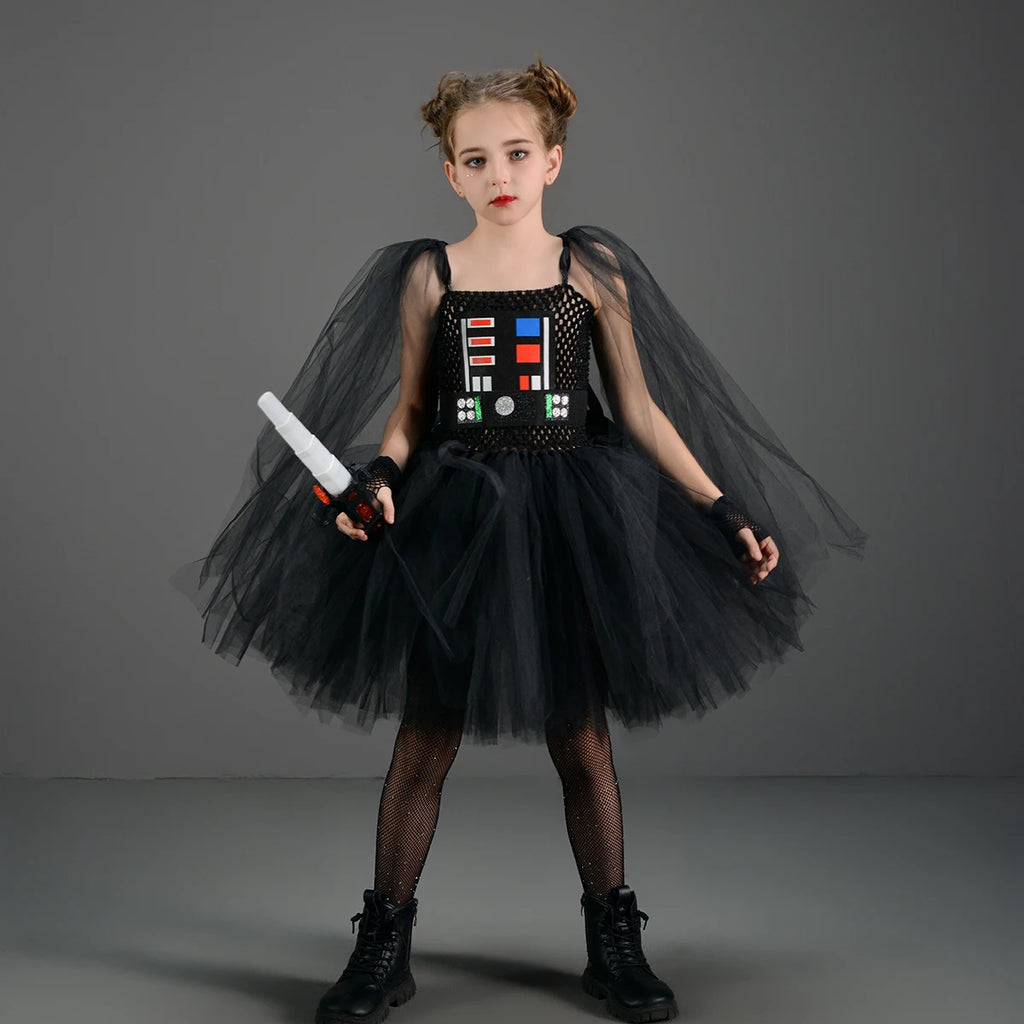 Girls Dark Star Villain Tutu Costume Dress Children Halloween Vader Outfit Kids Fancy Carnival Party Dress up Cosplay Clothes