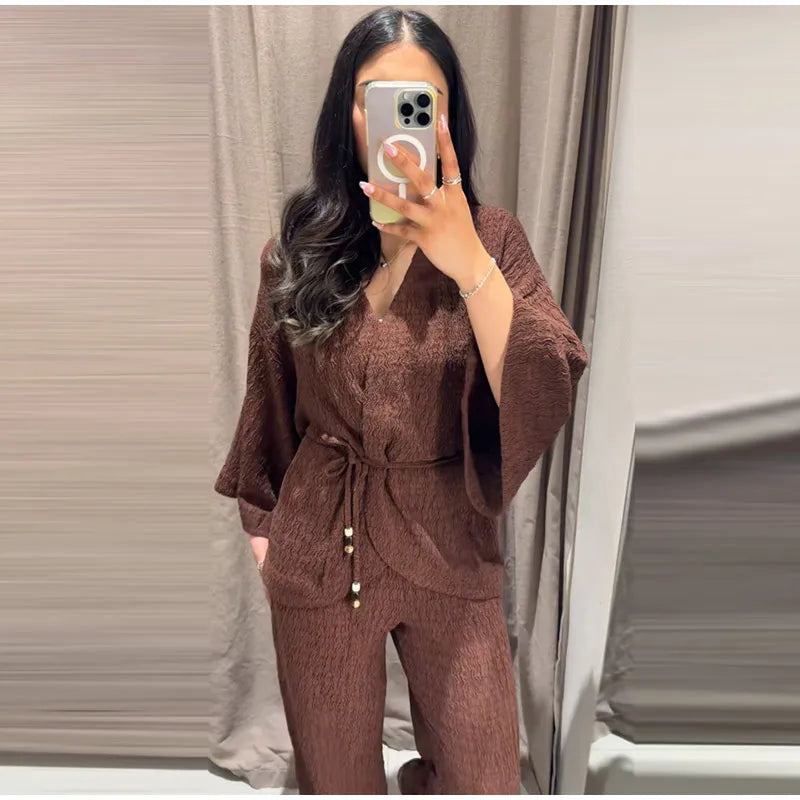 Tie Front Textured Women's Set V-Neck Loose Set Wide Sleeve Drawstring Pants Casual Lounge Solid Color 2 Piece Outfits For Daily