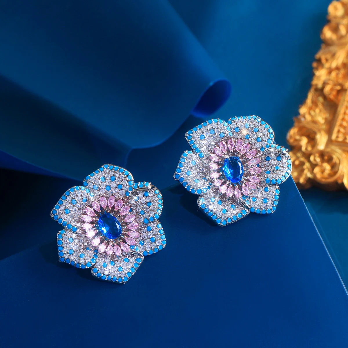 CWWZircons Fashion Korean Blue Pink CZ and Turquoise Micro Pave Large Flower Stud Earrings for Women Wedding Party Jewelry E1184