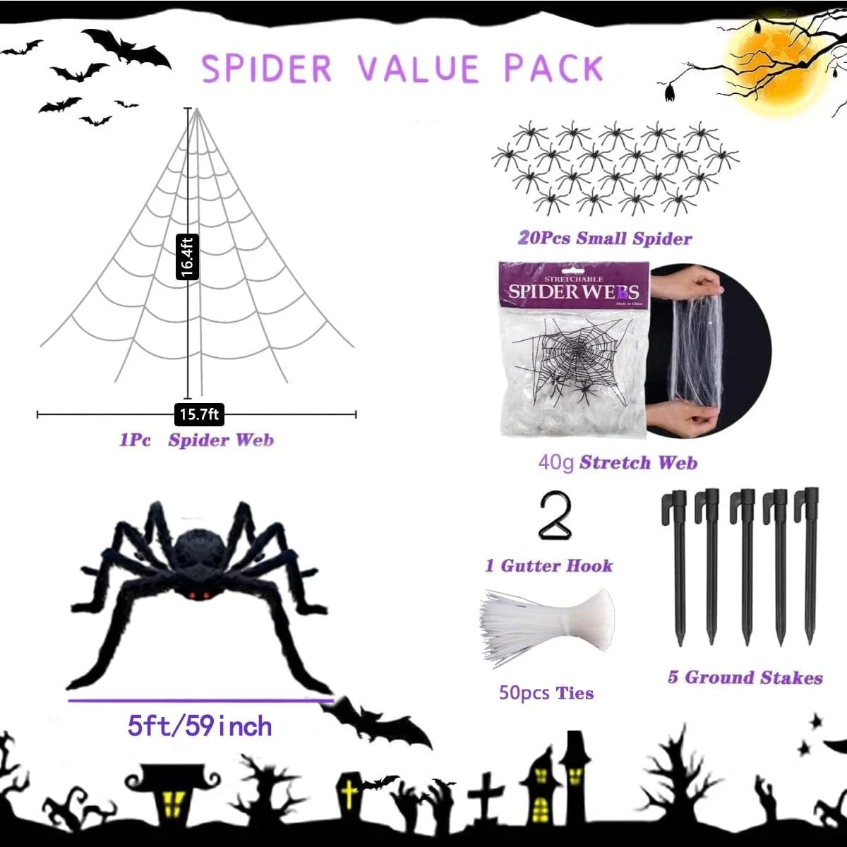 1Set Halloween Giant Triangular LED Spider Web Decor Purple Light Up Cobweb with Large Spider For Outdoor Garden House Decor