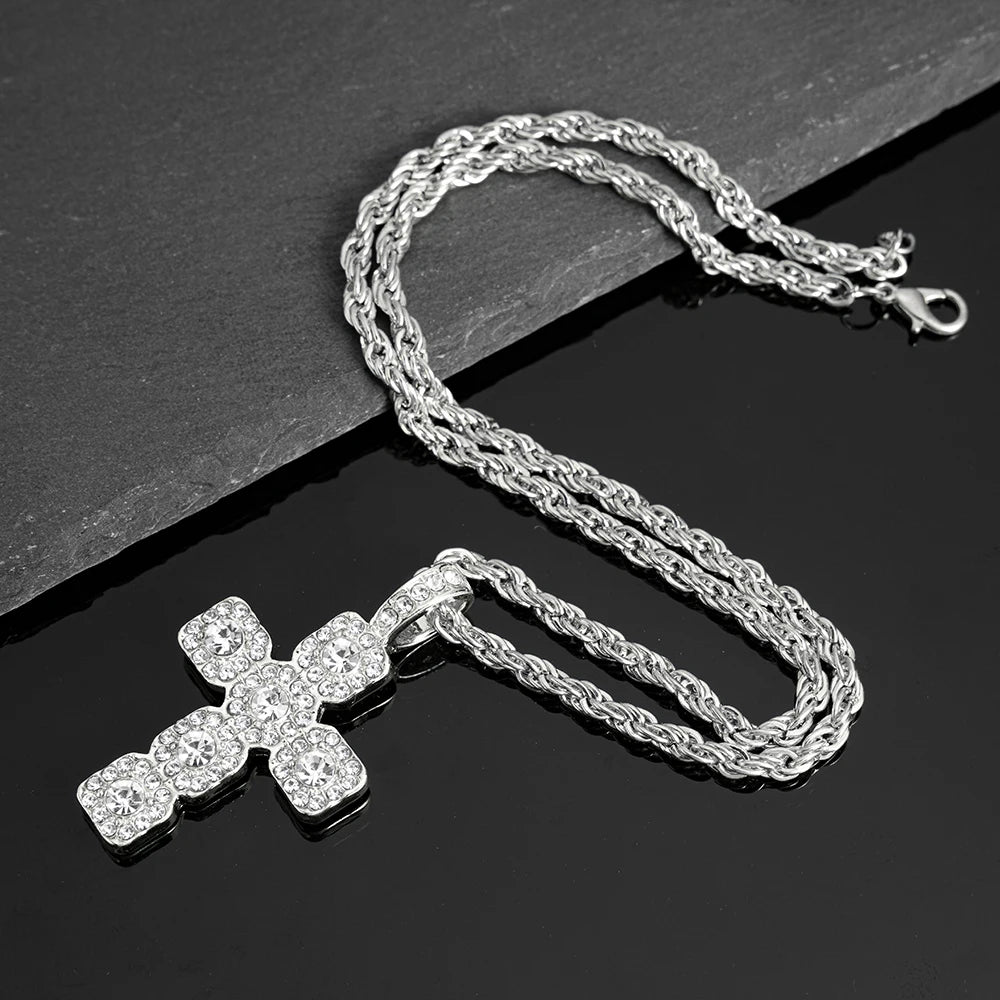 2025 New Hip Hop Cross Pendant Necklace Men 4mm Rhinestone Tennis Chain Iced Sparkling Necklace Women Punk Jewelry Fashion Gift