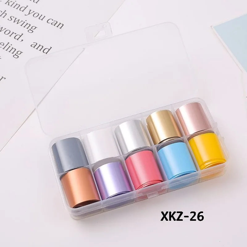 10 Rolls/ Box Charm Nail Foils Polish Stickers Metal Color Starry Paper Transfer Foil Wraps Adhesive Decals Nail Art Decorations