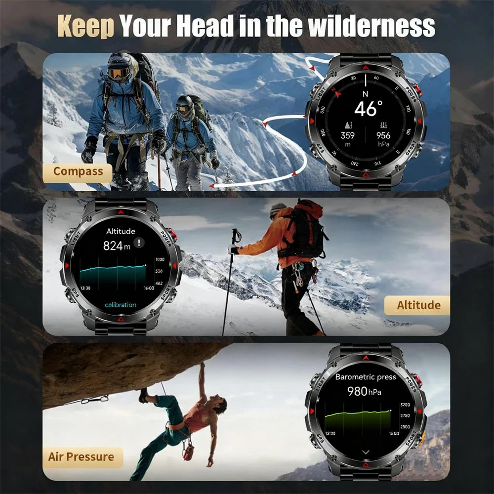 2025 New Military Bluetooth Call Smart Watch Built-in GPS Compass Barometric Altimeter 3ATM Waterproof Sports Smartwatches Men