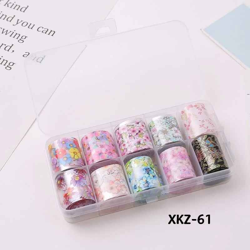 10 Rolls/ Box Charm Nail Foils Polish Stickers Metal Color Starry Paper Transfer Foil Wraps Adhesive Decals Nail Art Decorations