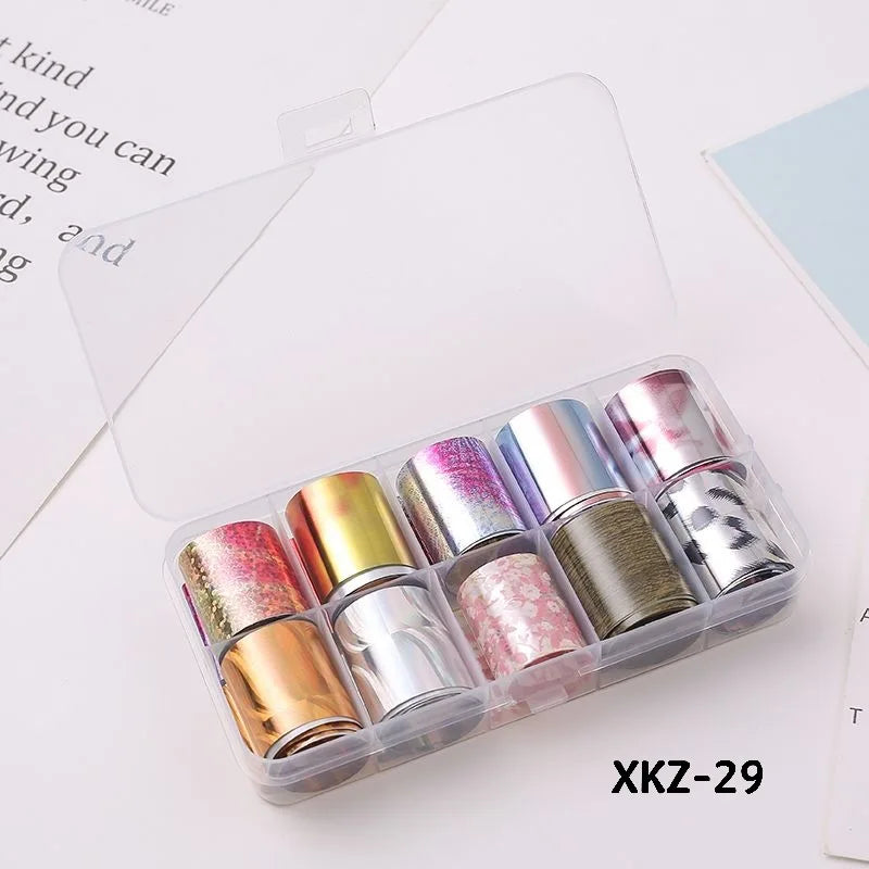 10 Rolls/ Box Charm Nail Foils Polish Stickers Metal Color Starry Paper Transfer Foil Wraps Adhesive Decals Nail Art Decorations