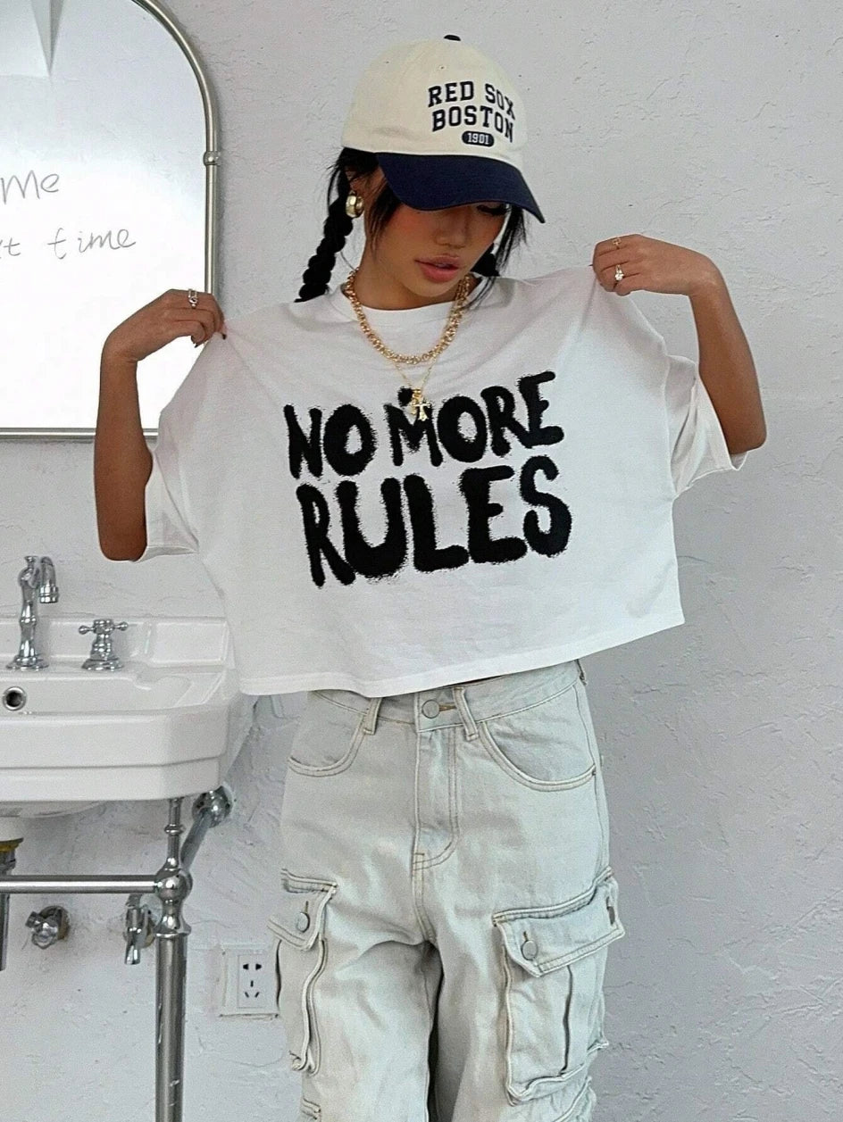100% Cotton Women Crop T-shirts No More Rules Letter Prints Tops O-Neck Short Sleeves Tees Summer Fashion Street Female Clothing