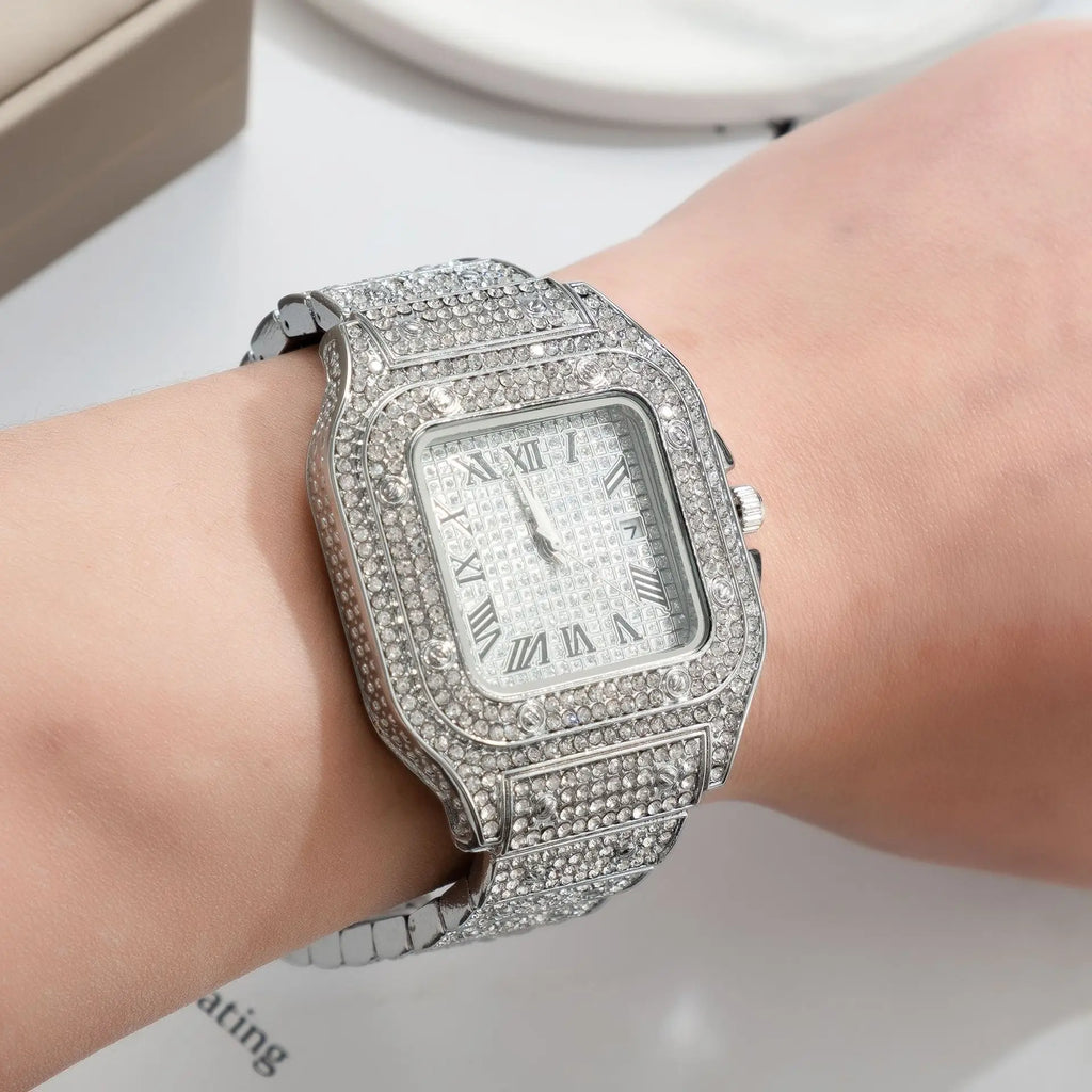 Men's Business Square Starry Sky Steel Belt Diamond-Inlaid European American Roman Fashion Quartz Wristwatch Gift