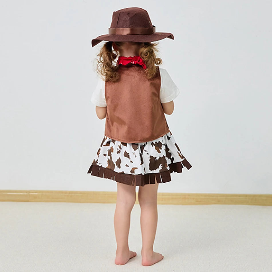 Kids Cowgirl Cosplay Vest Skirt Hat Set Girl Festival Performance Outfit Child Carnival Xmas Halloween Party Masquerade Clothing