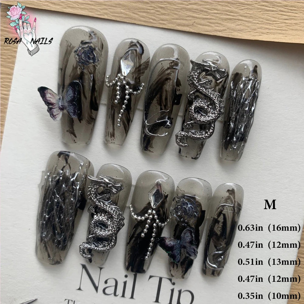 Punk Dragon Charms Press on Nail Artificial Long False Nails XS Black Dragons Goth Presson Tips Butterfly Fake Nail y2k Pressons