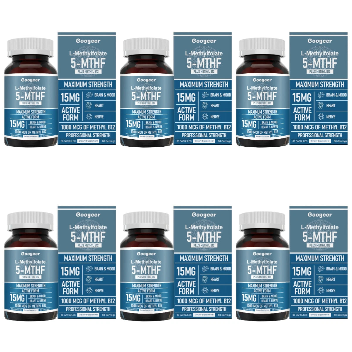 Googeer L Methylfolate 15mg + Methyl B12 1000mcg Active Folate B12 Support 60 Capsules
