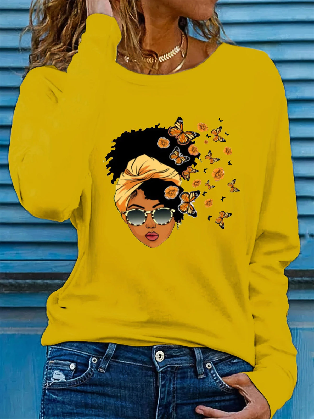 100% pure cotton women's spring and autumn casual fashion long sleeved butterfly and portrait graphic printed round neck T-shirt