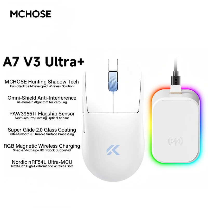 MCHOSE A7 V3 Ultra Gaming Mouse PAW3955Ti Super Sensor 20000FPS Tracking Accuracy 8kHz Polling Rate Low Latency Super Glide