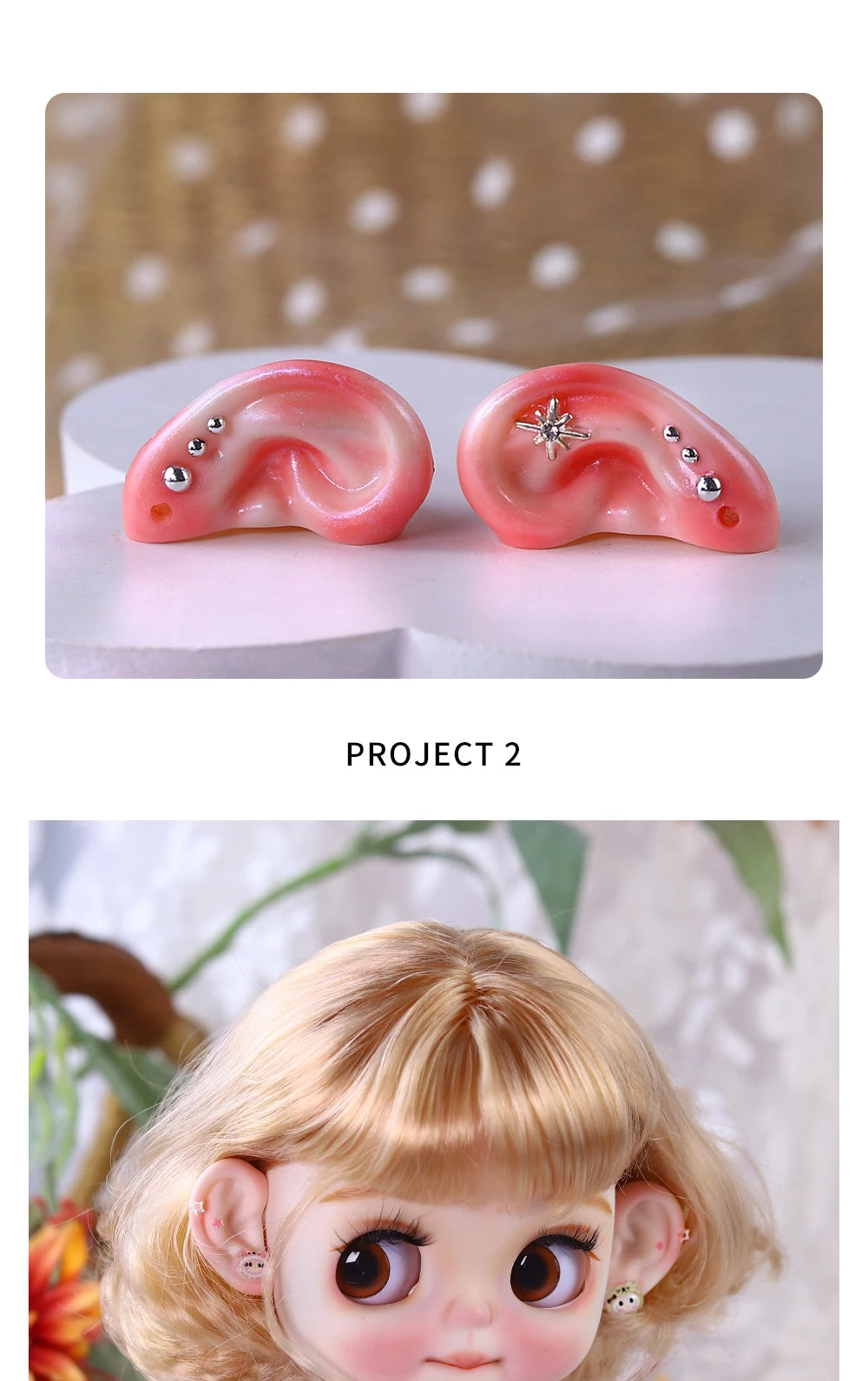Blyth 1/6 Doll Ear: Hand-painted Ears with Rhinestone Texture and Openwork Design DIY Accessories for 30 cm Dolls