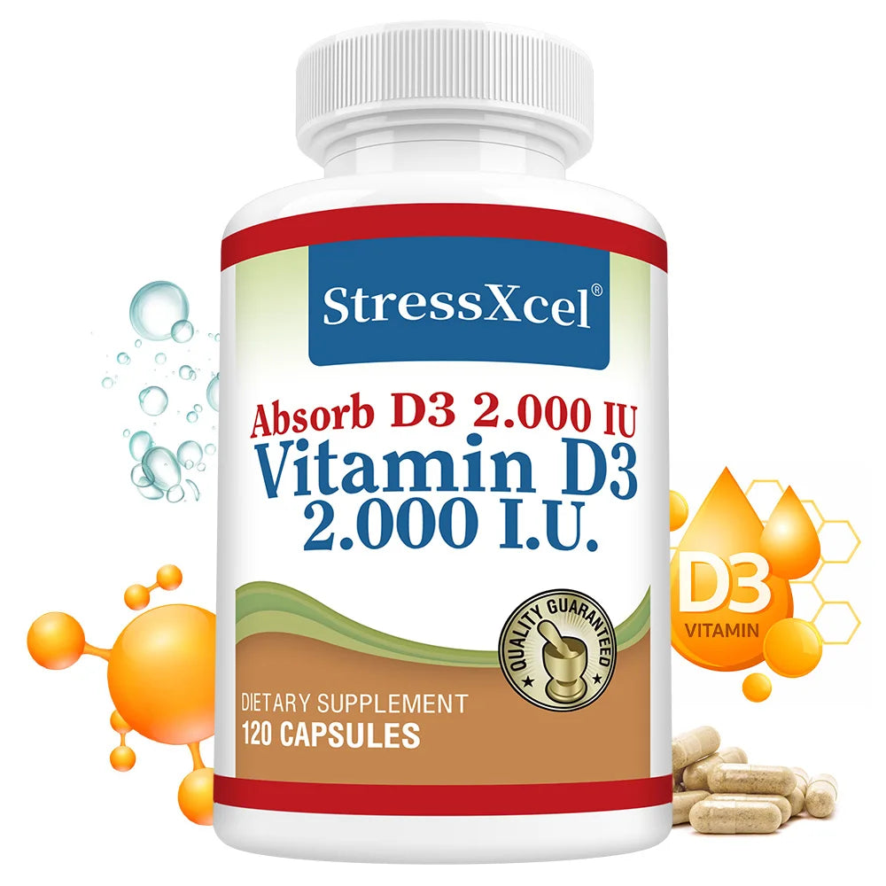 High Potency Vitamin D3 2000IU Capsules, Immune Support, Bone Health, Muscle Function, Whole-Body Wellness, Non-GMO Gluten Free