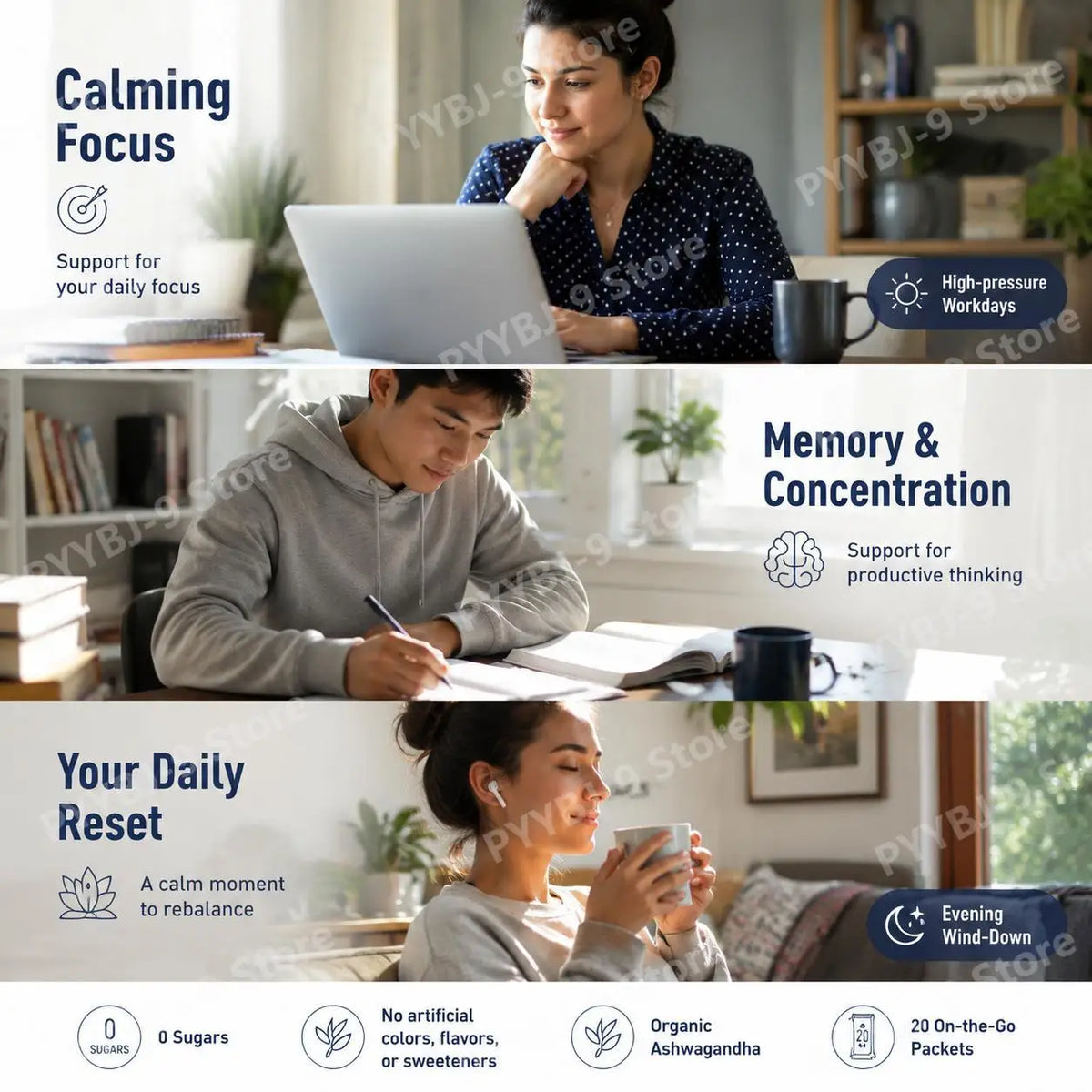 Calming Powder Drink Mix with L-Theanine, Focus Memory Concentration & Cognitive Support, Healthy Cortisol Balance, 20 Packets