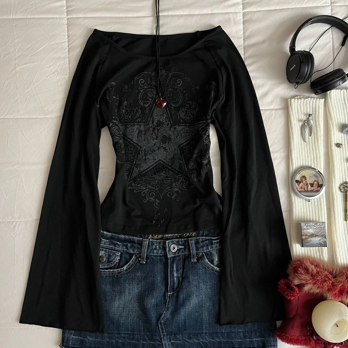 Y2K Grunge Emo Pattern Top Suitable for Autumn E-Girls Millennium Style Women's Aesthetic Gothic Printed Loose Long Sleeve T-shirt