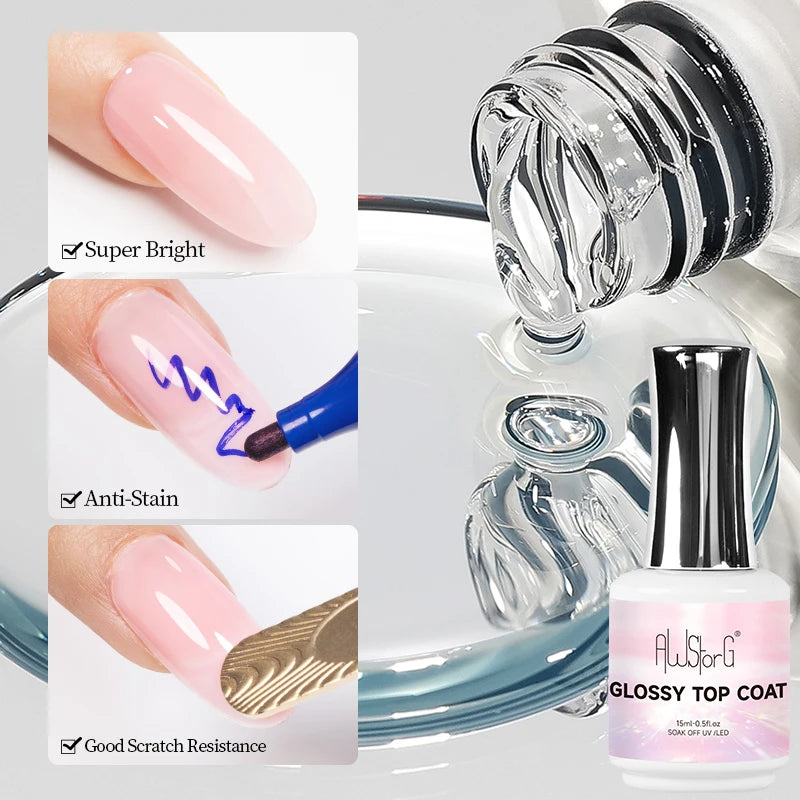 15ML Glossy Top Coat Shine Finish Long Lasting Soak Off Nail Clear UV Nail Lamp Gel For Gel Nail Polish Salon Nail Art Design