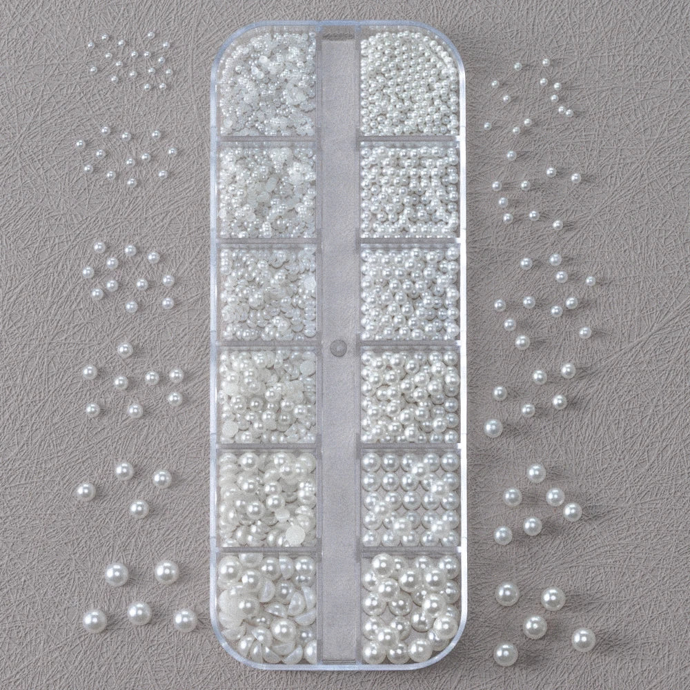 12Grids 3D White Round/Semicircle Pearls Nail Art Charms 0.15-0.5cm Faltback Pearl Caviar Bead Rhinestone DIY Manicure Accessory