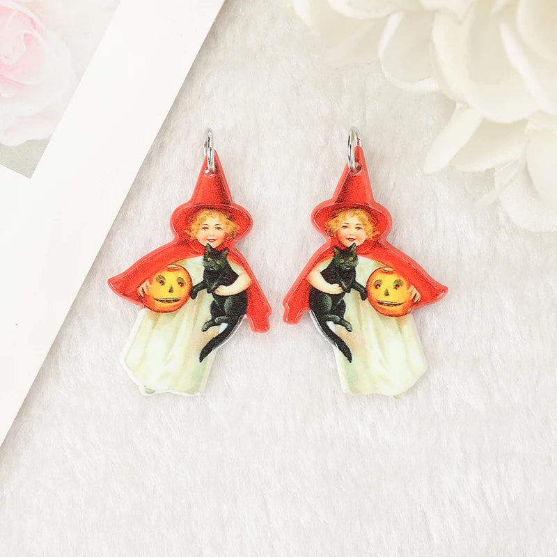10Pcs Vintage Halloween Charms Creative Acrylic Pumpkins Black Cat Pendant For Necklace Earring DIY Making Accessories
