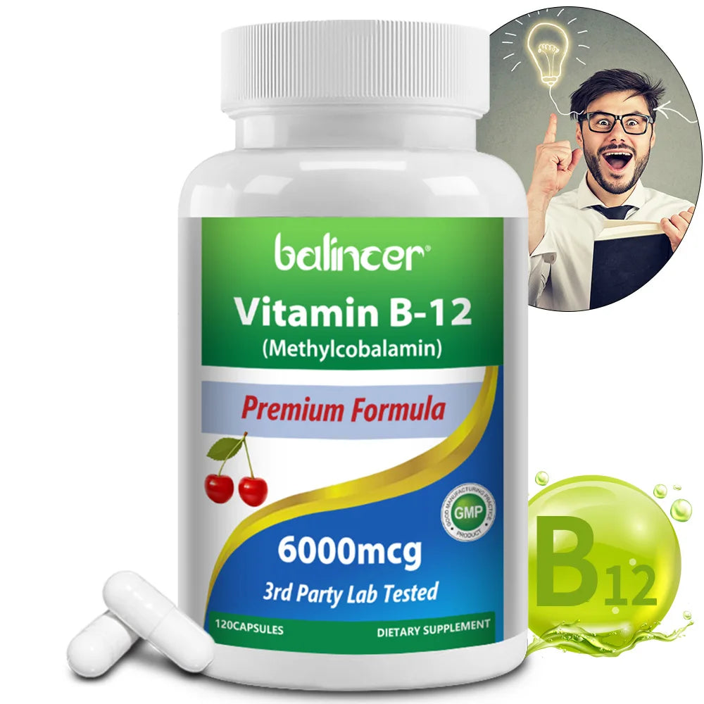 Vitamin B12 Supplement 6000mcg - Energy Brain Memory Mood, Heart  Function, Nervous & Immune System Support, 30/60/120 Capsules