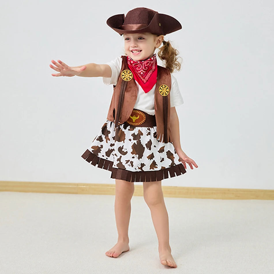 Kids Cowgirl Cosplay Vest Skirt Hat Set Girl Festival Performance Outfit Child Carnival Xmas Halloween Party Masquerade Clothing