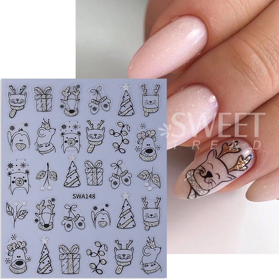 2/4pcs Cartoon Christmas Nail Stickers Glitter Gold Silver Reindeer Cat Snowflake Xmas Tree Adhesive Decals DIY Manicure Decor