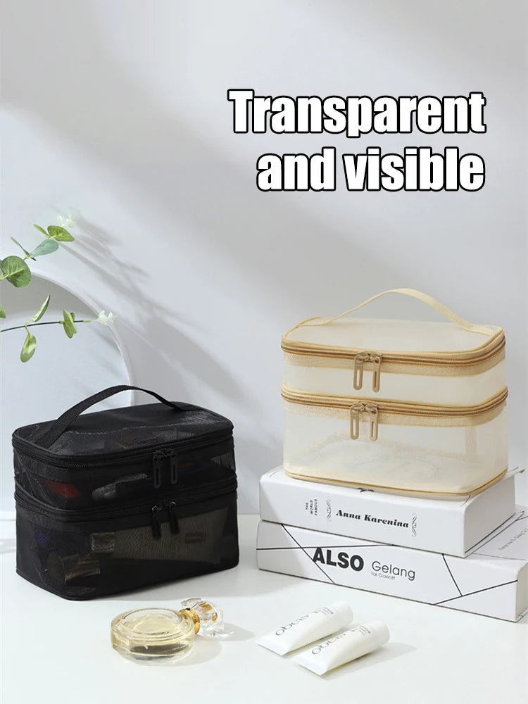 Double Layer Mesh Makeup Bag, Wash Bag, Women's Portable New Large Capacity Storage Bag, Cosmetics Storage Bag