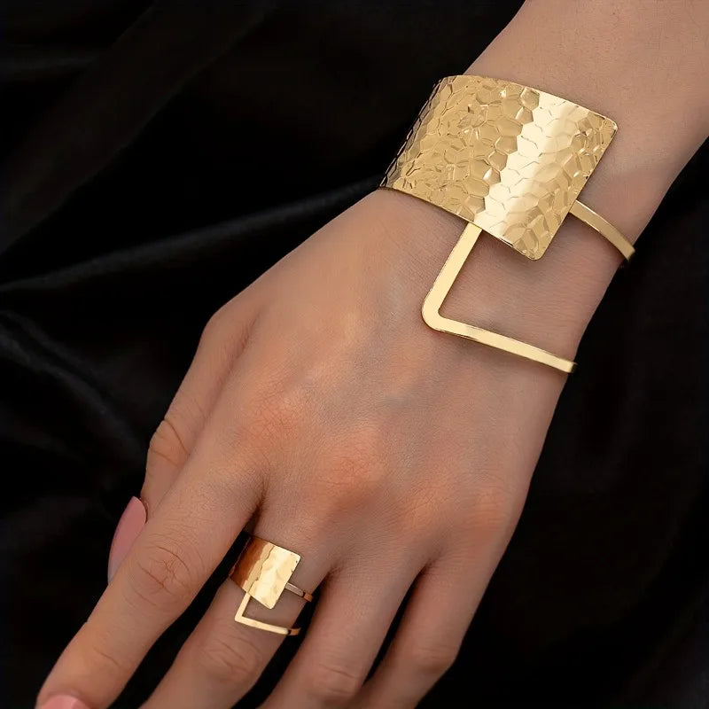 2-piece Fashionable Geometric Imitation Pearl Multi-layer Bracelet Ring, Women's Personalized Trendy Party Accessories Jewelry