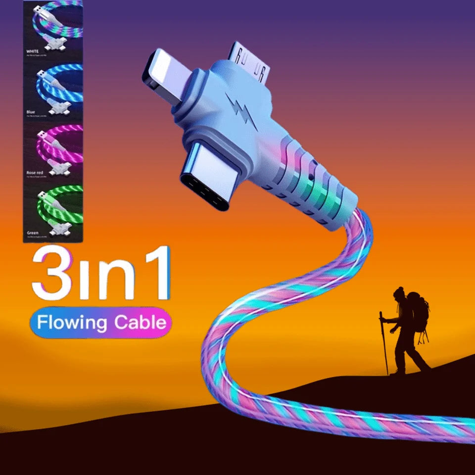 3 in 1 Flowing Glowing Light  Fast Charging Cable Micro  Type C for Iphone 14 13 12 11 Pro  Charging for  Data Line Charge Cord