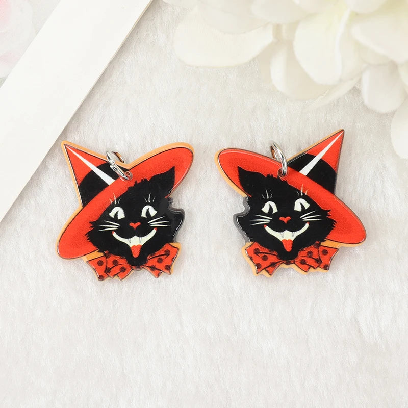 10Pcs Vintage Halloween Charms Creative Acrylic Pumpkins Black Cat Pendant For Necklace Earring DIY Making Accessories
