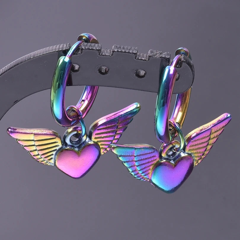 Multistyle Rainbow Ear Jewelry Stainless Steel Hoops Fashion Alloy Heart Wings  Witch Hat Foot Sun Charm Earrings For Women Men